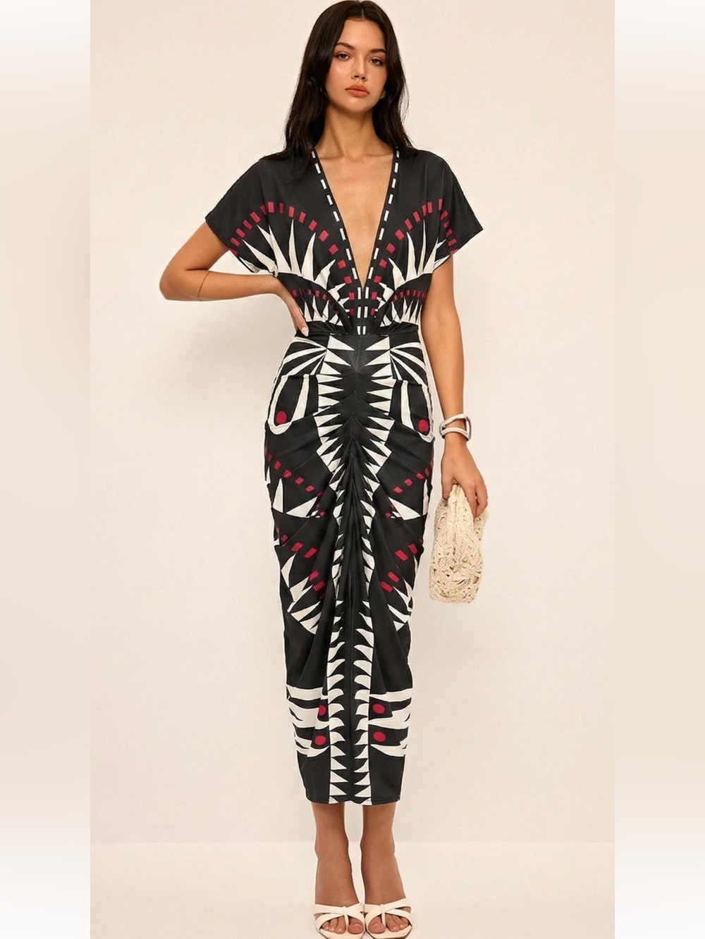 #214 Black Geometric V-Neck Midi Dress with Red Accents